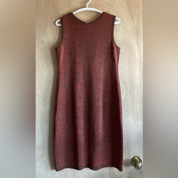 Peruvian Connection Pima Cotton Knit Midi Dress Brown Red Pattern Sz S - Picture 7 of 13